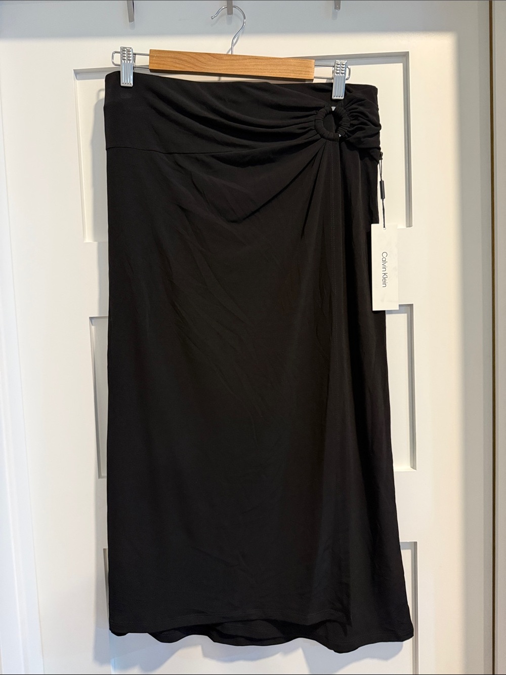 Calvin Klein Black Midi Skirt with Side Ring and Draped Waist New
